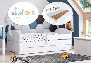 Kinderbett 160x80 cm mit Matratze und Schublade, Rausfallschutz & Lattenrost weiß mit Dinosaurier Motiv