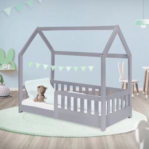 ML-Design Kinderbett mit Rausfallschutz, Dach und Lattenrost, 70x140 cm, Hellgrau