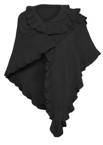 Poncho Damen Strick Wolle Trachtenumhang Cape Winterumhang Stola, Strickponcho Rüschen Schwarz