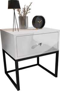 Domando Nachttisch Corvara Modern für Schlafzimmer Breite 45cm, schwarzes Metallgestell, Kristallgriff in Weiß Matt und Weiß Hochglanz