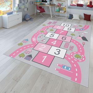 Kinder-Teppich, Spielteppich Für Kinderzimmer Straßen-Look, Hüpfkästchen, Rosa Größe 140x200 cm