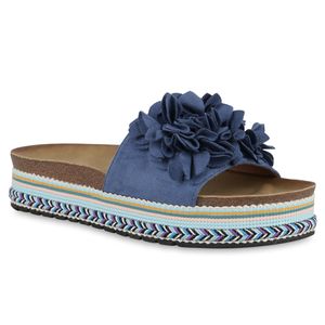 VAN HILL Damen Pantoletten Sandaletten Volants Profil-Sohle Plateau-Schuhe 840946, Farbe: Blau, Größe: 40