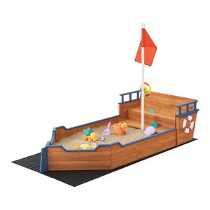 Sandkasten Mestia mit Piratenschiffoptik 136 x 193 x 94 cm Holzsandkasten Sandkiste Sandbox mit aufklappbarer Sitzbank Holz Natur