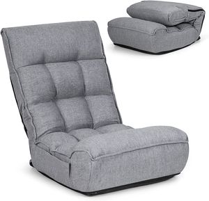 COSTWAY 4-stupňová nastaviteľná stolička na podlahu, polstrovaná pohovka na podlahu s 5-stupňovou nastaviteľnou opierkou hlavy a bočným vreckom, ergonomická skladacia stolička, stolička na podlahu s nosnosťou do 140 kg (sivá)