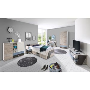 Jugendzimmer Set mit Bett 90x200 cm 6-teilig mit Kleiderschrank LEEDS-10 in Sandeiche Nb. mit weiß, Lava und Denim Blau