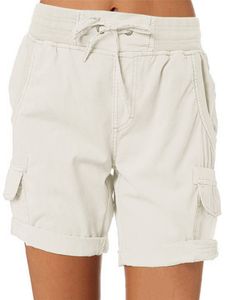 Shorts Damen Kurze Hosen Elastische Sommer Baumwolle Strand Stoffhose mit Taschen Weiss,Größe S