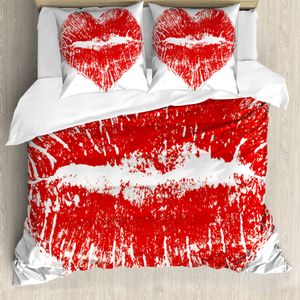 ABAKUHAUS Kuss Bettbezug, Heart Shaped Lippenstift Mark, Milbensicher Allergiker geeignet mit Kissenbezügen, 155 cm x 220 cm - 80 x 80 cm, rot-Weiss