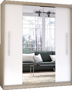 Innovativer Schiebetürenschrank, Kleiderschrank mit Schiebetüren, Wohnzimmerschrank, Flurschrank, ideal für das Schlafzimmer, hoher Nutzungskomfort, Kleiderstange aus Metall, geräumiger Garderobe, gut organisierter Raum, geräumige Ablagen - KLEIDERSCHRANK NICO I SONOMA + WEIß + Spiegel