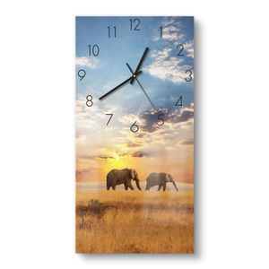 DEQORI Glasuhr 30x60 cm Zahlen 'Elefanten in der Steppe' Wanduhr Glas Uhr Design leise