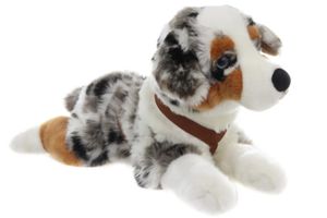 Uni-Toys - Australischer Schäferhund mit Geschirr, liegend - 62 cm (Länge) - Plüsch-Hund - Plüschtier, Kuscheltier