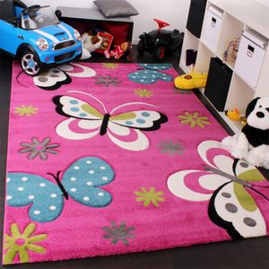 Kinder Teppich Schmetterling Design Grün Grau Schwarz Creme Pink, Grösse:120x170 cm