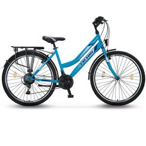 Talson 28 Zoll City-Fahrrad 21-Gang-Shimano-Schaltung mit Beleuchtung und Gepäckträger, Farbe Türkis