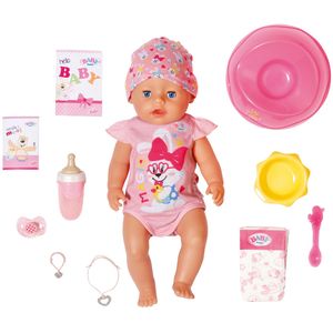 Große Puppe 38 cm mit Essgeschirr pink Babypuppe Vinylpuppe bewegliche Puppe Set 
