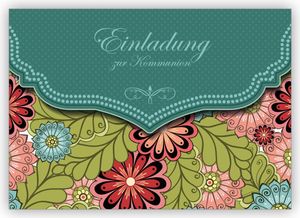 4x Edle Einladungskarte mit modernem Blumen Muster in grün für Mädchen: Einladung zur Kommunion