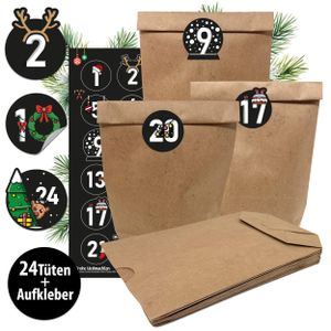 Adventskalender - 24 XL Kraftpapiertüten mit Aufklebern Schwarz-Bunt für den individuellen Weihnachtskalender – Zum Selbstgestalten und Befüllen. Adventskalender Tüten basteln
