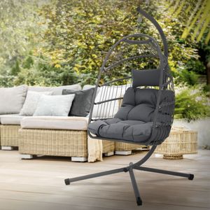 ML-Design Hängesessel mit Gestell und Kissen + Deckenhalterung, 100x105x195 cm, Dunkelgrau, aus Polyester, höhenverstellbar & faltbar, Indoor/Outdoor, Hängestuhl Hängekorb Hängeschaukel Hängesitz für Garten