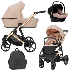 Kinderwagen ARIZO Sportwagen Babywagen Babyschale Komplettset Kinder Wagen Autositz Set 3 in 1 (Pink, Rahmenfarbe: Gold)