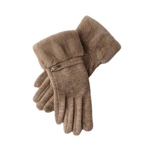 1 Paar Damen-Handschuhe, Touchscreen, Vollfinger, einfarbig, verdickt, Imitation Kaschmir, winddicht, pelzige Manschettenhandschuhe für Outdoor, Khaki
