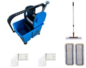 CleanSV Wischset blau 50 cm, Reinigungswagen 1 x 20 Liter Eimer (Teilbar), Presse, 1 Mophalter, 3 x Baumwollmop, 2 Microfasermop Teleskopstiehl