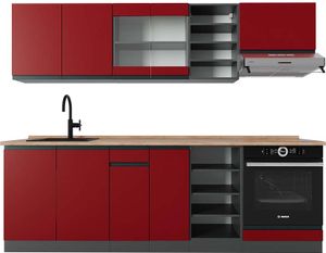 Vicco Küchenzeile R-Line, 240 cm , AP Eiche, Rot/Anthrazit