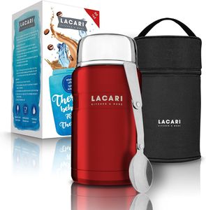 Lacari ® auslaufsicherer Thermobehälter in Rot für Essen und Flüssigkeiten - Gratis Thermotasche - Warmhaltebox mit Löffel - BPA freier Essensbehälter - Isolierbehälter mit 700 ml  ROT