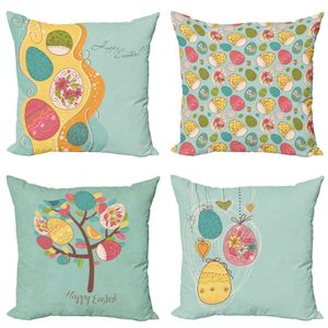 ABAKUHAUS Frohe Ostern Dekokissen Kissenbezug 4er Pack, Eier Küken und Bäume, Modern Accent Doppelseitiger Digitaldruck, 40 x 40 cm, Almond Grün Multicolor