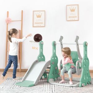 Kinder Rutsche, 4-in-1 multifunktionale Kinderrutsche mit Schaukel, Basketballkorb und Leiter, Gartenrutsche, Indoor und Outdoor