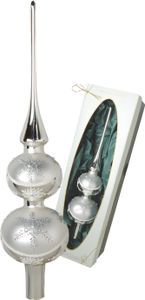 Krebs Glas Lauscha Doppel-Christbaumspitze mit Satin in Silber - 30 cm - mundgeblasen & handdekoriert
