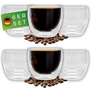 Felino® Espresso Gläser [6 Stück] [80ml] doppelwandige Kaffeegläser Thermogläser Glas Set doppelwandig für Kaffee, Cappuccino, Dessert