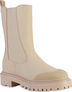 VAN HILL Damen Plateaustiefel Stiefel Blockabsatz Profil-Sohle Schuhe 837918, Farbe: Beige, Größe: 40