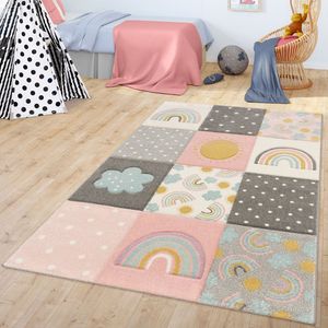 Kinderzimmer Teppich Kinderteppich Mit Regenbogen Wolken Muster Grau Rosa Creme Größe 140x200 cm
