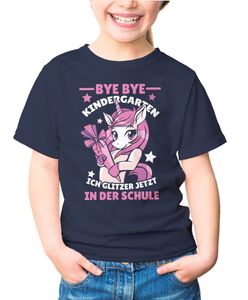 Kinder T-Shirt Mädchen mit Einhorn Motiv und Spruch Bye Bye Kindergarten, ich glitzer jetzt in der Schule Geschenk zur Einschulung Schulanfang Moonworks® navy 122-128 (7-8 Jahre)