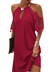 Damen Abendkleider Spitze Sommer Kleider V-Ausschnitt Ballkleider Einfarbig Sommerkleid Rot,Größe 3XL