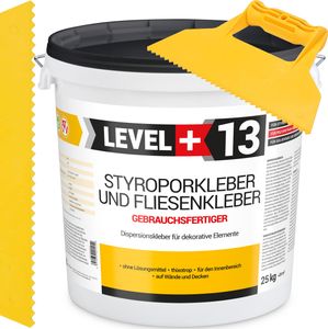 Súprava lepidla na polystyrén 25 kg Biele dekoračné lepidlo na dlaždice LEVEL+13 a plastová stierka s trojuholníkovým hrotom 5 mm