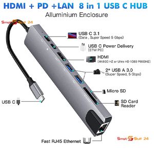 8 in 1 USB C Hub Adapter HDMI 4K USB 3.0 Micro SD Netzwerk für Mac HDTV Notebook