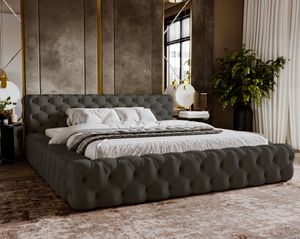 Čalúnená posteľ 160x200 cm Vigo - posteľ Chesterfield so zamatovou látkou - zásuvka, čelo postele a lamelový rám (tmavošedý - Amor Velvet 4321)