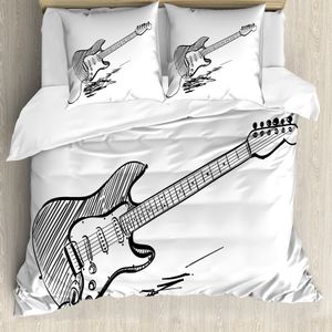 ABAKUHAUS Gitarre Bettbezug, Rockmusik Skizze-Kunst, Milbensicher Allergiker geeignet mit Kissenbezügen, 200 cm x 200 cm - 80 x 80 cm, Schwarz-Weiss