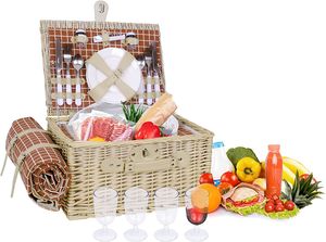 Picknickkorb-Set für 4 Personen Picknickdecke 4x Teller 4 x Messer/Gabeln/Löffel Beige