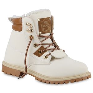 VAN HILL Damen Gefütterte Worker Boots Stiefeletten Bequeme Outdoor Schuhe 839642, Farbe: Weiß Hellbraun, Größe: 39