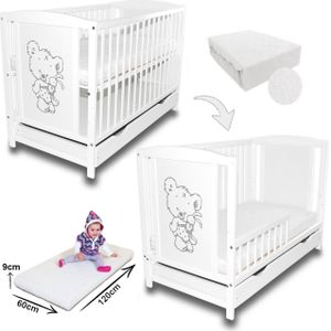 Babybett Gitterbett Teddybär 2in1 mit Zusätzliche Barriere + Schublade + Bettlaken + Matratze Schaumstoffmatratze
