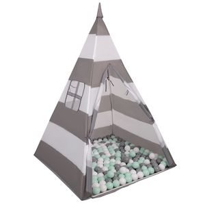 Selonis tipi spielzelt mit 900 bälle 6 cm zelt für kinder, grau-weiße streifen:weiß/grau/mint