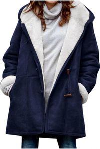 ASKSA dámská fleecová bunda zimní kabát teplá fleecová bunda s knoflíky podzimní zimní bunda s kapucí, tmavě modrá, L