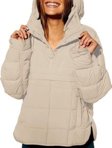 ASKSA Damen Pufferjacke Stepppullover Gesteppt Kapuzenpullover Langarm Jacke Leichte Warme Wintermaentel, Beige, S