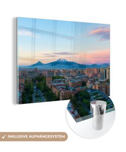 MuchoWow® Glasbilder - Bilder auf Wandbild - Foto auf Glas Foto des armenischen Eriwan am Berg Ararat bei Sonnenaufgang 60x40 cm Wanddekoration aus Glas - Acrylglasbild - Acrylbilder - Glasfotos