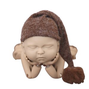 Baby-Fotografie-Hut, gestrickt, Plüschbälle, Uni, einfarbig, langer Schwanz, spitzer Hut für Requisiten-Kaffee