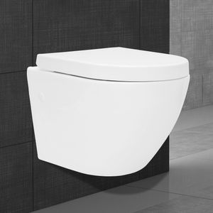 ECD Nemecko Krátke závesné WC bez ráfika vrátane WC sedátka, biele, keramika