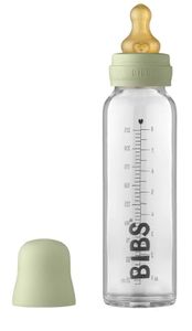 BIBS Baby Glass Bottle 225ml, Vermindert Koliken, Runder Sauger aus Naturkautschuklatex, Unterstützt das Stillen. Hergestellt in Dänemark, Complete Set - 225 ml, Sage