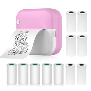 Mini-Drucker, Thermodrucker, Bluetooth Fotodrucker fuer Smartphone mit 6 Papierrollen 57 mm + 5 selbstklebende Papierrollen, kompatibel mit iOS Android,Rosa