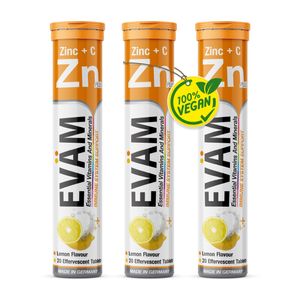 EVÄM Zink plus Vitamin C Brausetabletten Geschmack Zitrone 3x 20 Stück Nahrungsergänzungsmittel zur Unterstützung des Immunsystems zuckerfrei Hergestellt in DE