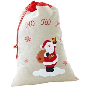 Weihnachts-Jute-Geschenkbeutel mit Kordelzug – bestickter Weihnachtsmann – 50 x 70 cm